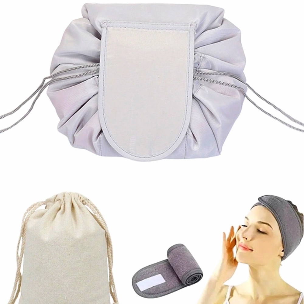 Drawstring Makeup Bag – Travel Cosmetic Organizer - Includes Headband